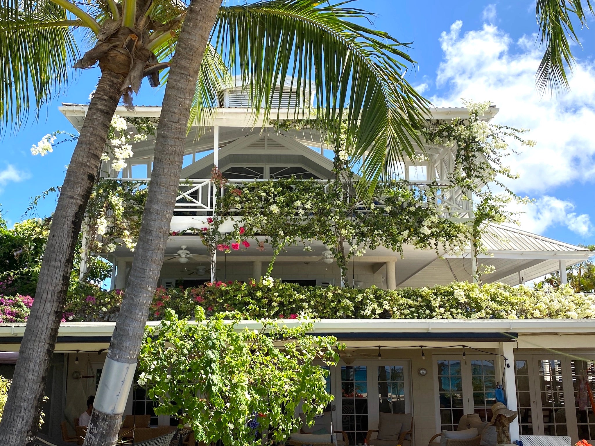 Tantalus Villa in Barbados has traditional Caribbean Architecture with modern conveniences making this the most sought out beach rental on the Island of Barbados. This is a picture of the beach facing verandahs of Tantalus Villa.